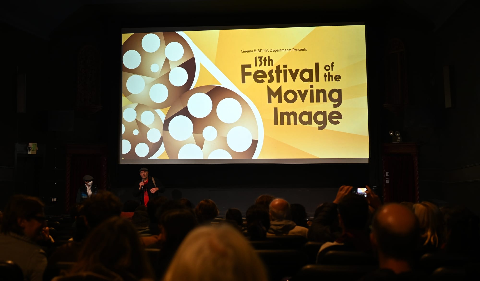 Denah Johnston (left) and Misha Antonich (right) welcome the audience to the 13th Annual Festival of the Moving Image at the Roxie Theater