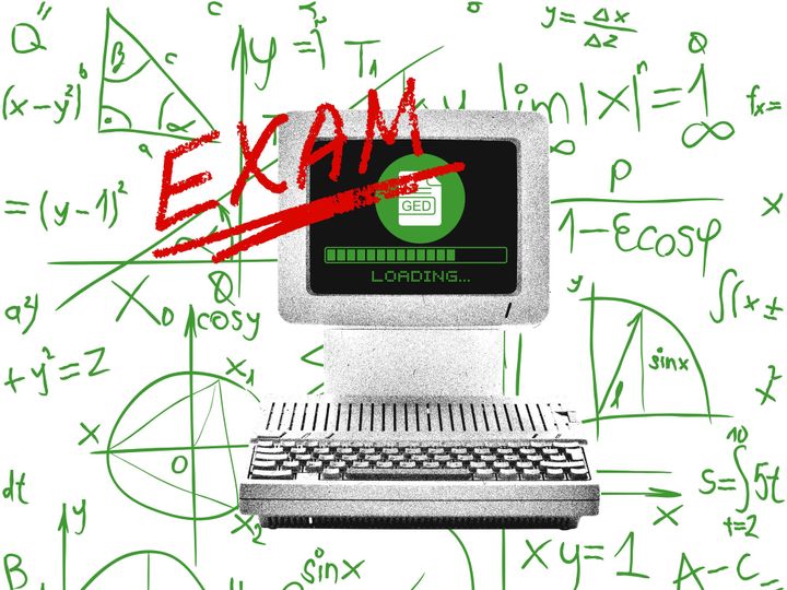 EXAM written on a computer, a loading bar in the screen, with scribbles of math functions as a background.