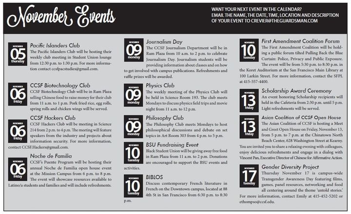 NOV. 4 – NOV. 17, 2015 CALENDAR