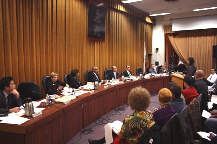 The board of trustees listens to City College student Maria Solorazano criticize a lack of administration transparency at the Feb. 25 meeting. ALEX EMSLIE / THE GUARDSMAN