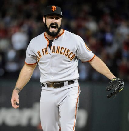 Brian Wilson of the San Francisco Giants reacts after the final out in the 9th inning against the Texas Rangers. The Giants won the series, 3-0, at Rangers Ballpark in Arlington, Texas, on Monday, November 1, 2010. (Max Faulkner/Fort Worth Star-Telegram/MCT)