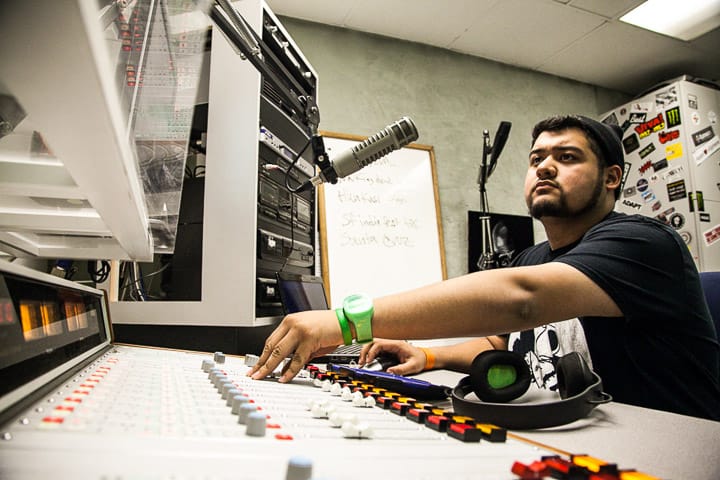 Eric Estrada broadcasts on KCSF Radio live on Ocean campus Oct. 24, 2013. Photo by Santiago Mejia/The Guardsman