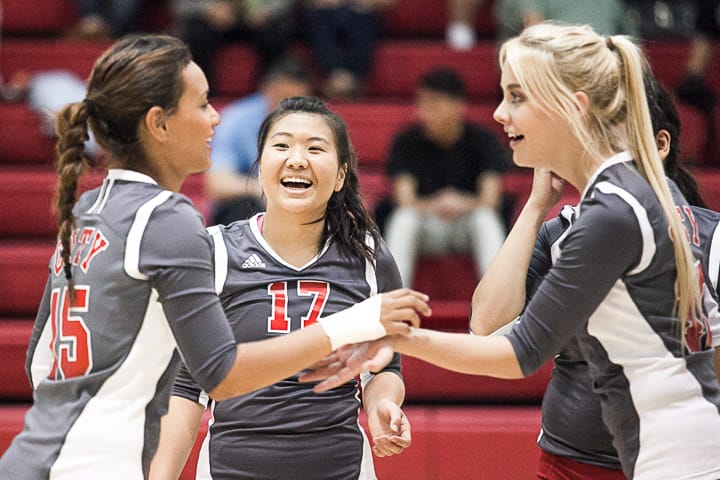 City College of San Francisco Rams defensive specialist Karen Yip (17) reacts after the Rams score a point during a women’s volleyball game against the San Jose City College Gladiators on Ocean campus Oct. 16, 2013.. Photo by Santiago Mejia/The Guardsman