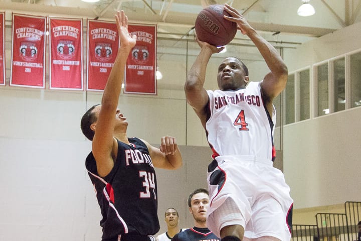 Rams’ sophomore guard Chuks Iroegbu (4) takes a shot against the Foothill Owls during the first half of a CCCAA men’s basketball game Jan. 17, 2014, on Ocean campus. Photo by Khaled Sayed/The Guardsman
