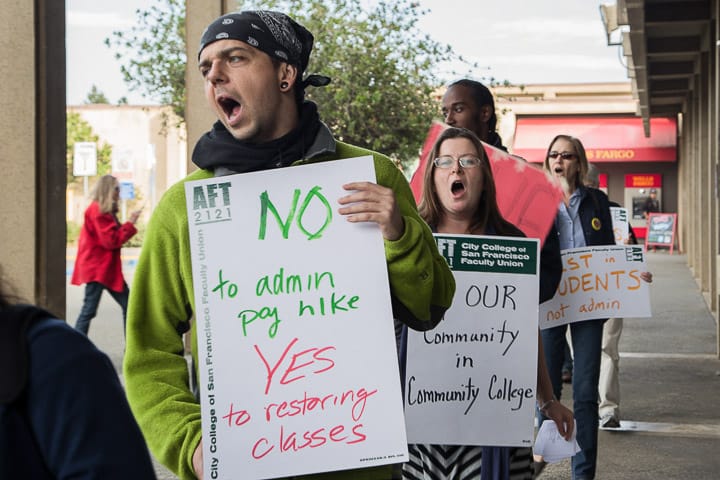 Students, faculty and their supporters protest against the proposed City College administration salary increase on Friday, Jan. 24, 2014, in front of Conlan Hall. The proposed increase was deemed a mistake by the school chancellor and special trustee. Photo by Elisa Parrino/The Guardsman