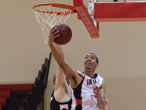 Rams freshman guard Gabe Bealer (25) goes up for a layup against Las Positas College during a CCCAA men’s basketball game on Friday, Feb. 14, 2014, at Ocean campus. Photo by Nathaniel Y. Downes/The Guardsman