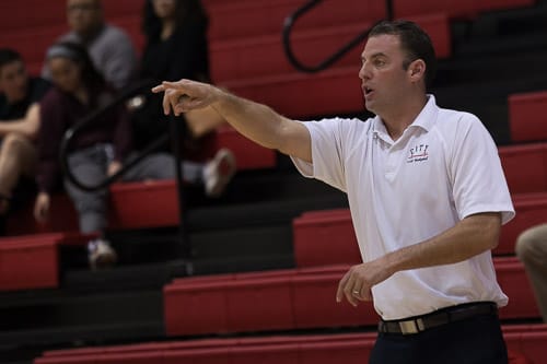 San Francisco Rams head coach Justin Labagh instructs his team during a CCCAA men’s basketball game against the Ohlone College Renegades on Ocean campus, Friday, Feb. 22, 2014. The Rams won the game 71-63, finishing the regular season 12-0 undefeated. They won the Coast-North Conference title and will compete in playoffs next week. Photo by Santiago Mejia/The Guardsman