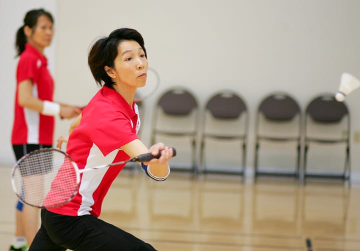 Rams Mei Li (rank 3) assists her teammate Eva Chau (rank 5) in the women’s doubles round by returning the birdie to Skyline’s MJ Phan (rank 1) and Kate Tan (rank 2). Li and Chau won the match with two 21-15 games wins at Ocean campus, Tuesday, March 25, 2014. Photo by Jackson Ly/The Guardsman