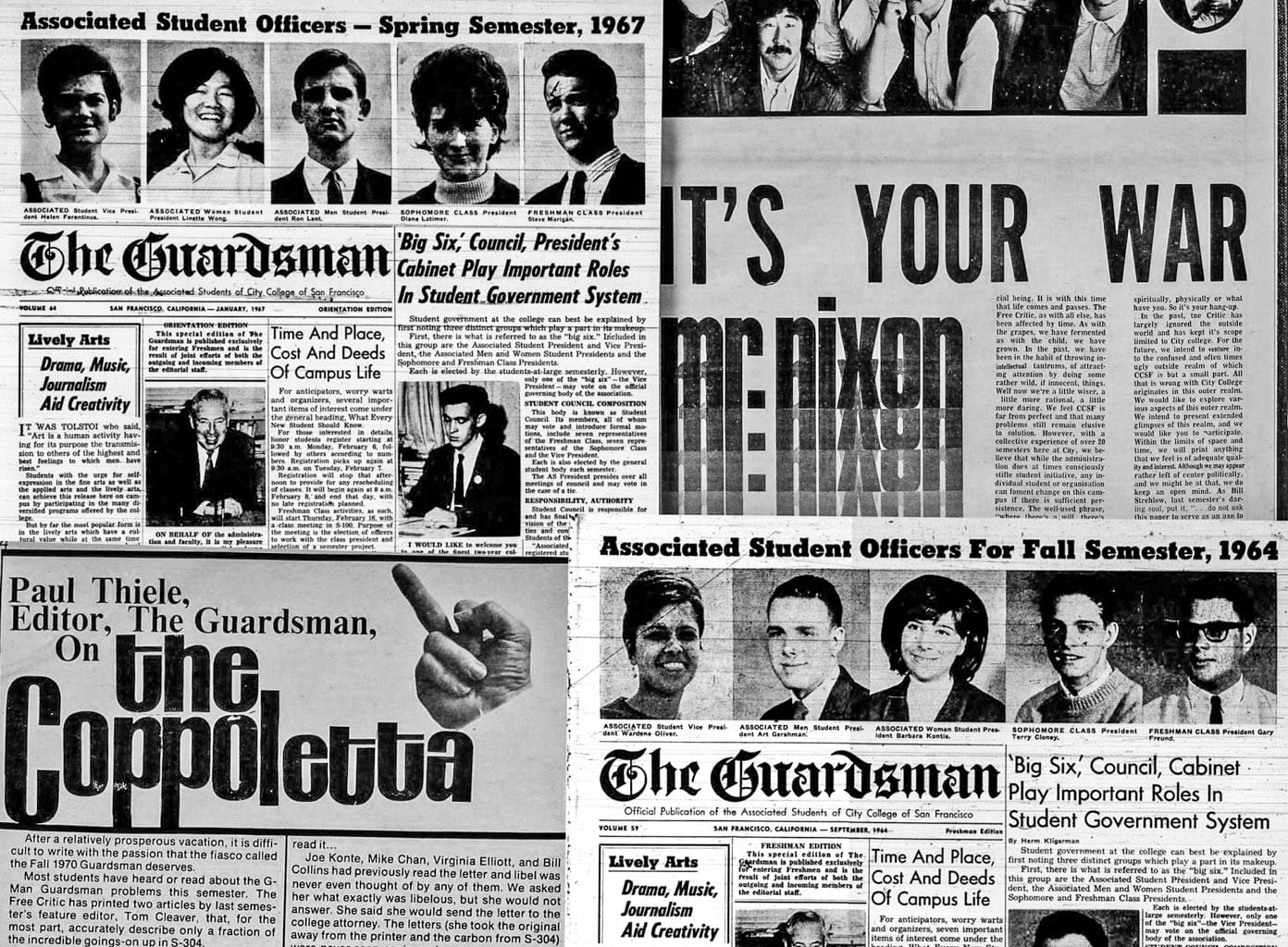 A collage of the Free Critic and The Guardsman's published articles dating back from 1964 to 1967. Illustration by Santiago Mejia