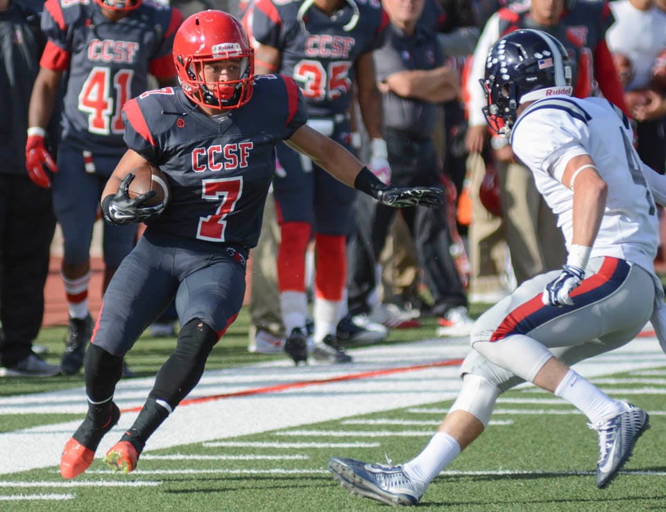 Hashim Boyd #7, tries to break free of Santa Rosa defenders on a 57 yard punt return early in the 4th quarter of Saturday’s home game at City College, Ocean Campus on October 25, 2014. (Photo by Niko Plagakis)