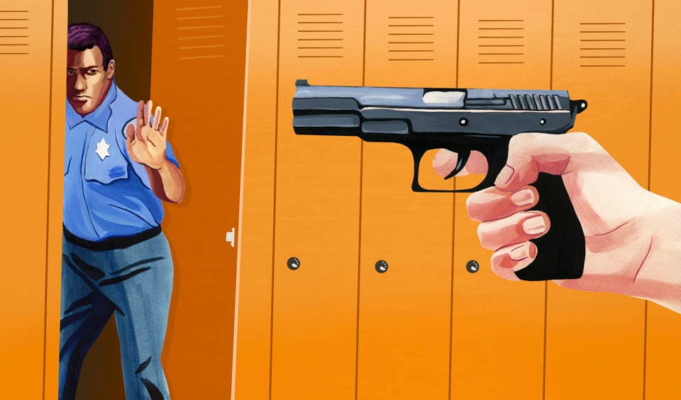 A shooter on campus points a gun at an unarmed officer. ( Illustration by Olivia Wise) 
