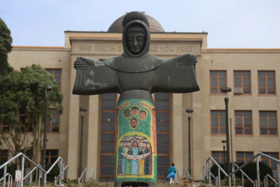 The St. Francis of The Guns sculpture can be found in front of the Science Hall. (Photo by Natasha Dangond)