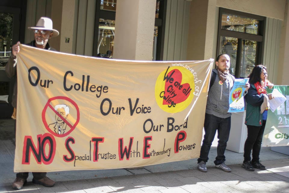 Concerned members of the public protest against City College's Special Trustee with Extraordinary Powers Robert Agrella (Photo by Bridgid Skiba)