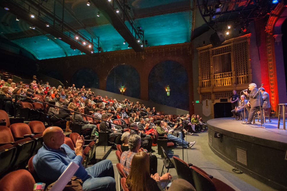 Members of the audience ask questions after the film. at Brava Theater, Sunday, Feb. 8. (Photo by Nathaniel Y. Downes)