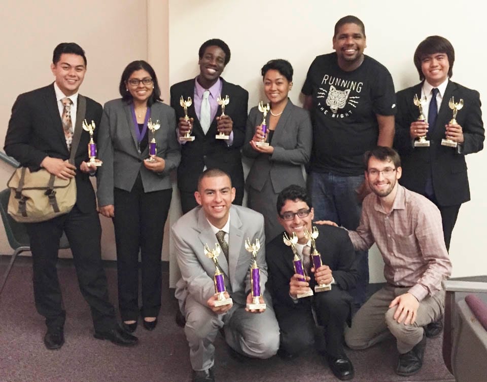 City College’s speech and debate team pose with their new awards on Sunday, Sept. 28, 2014 at the Golden Gate Opener speech and debate competition at San Francisco State University. (Photo courtesy of Nathaniel Steele)