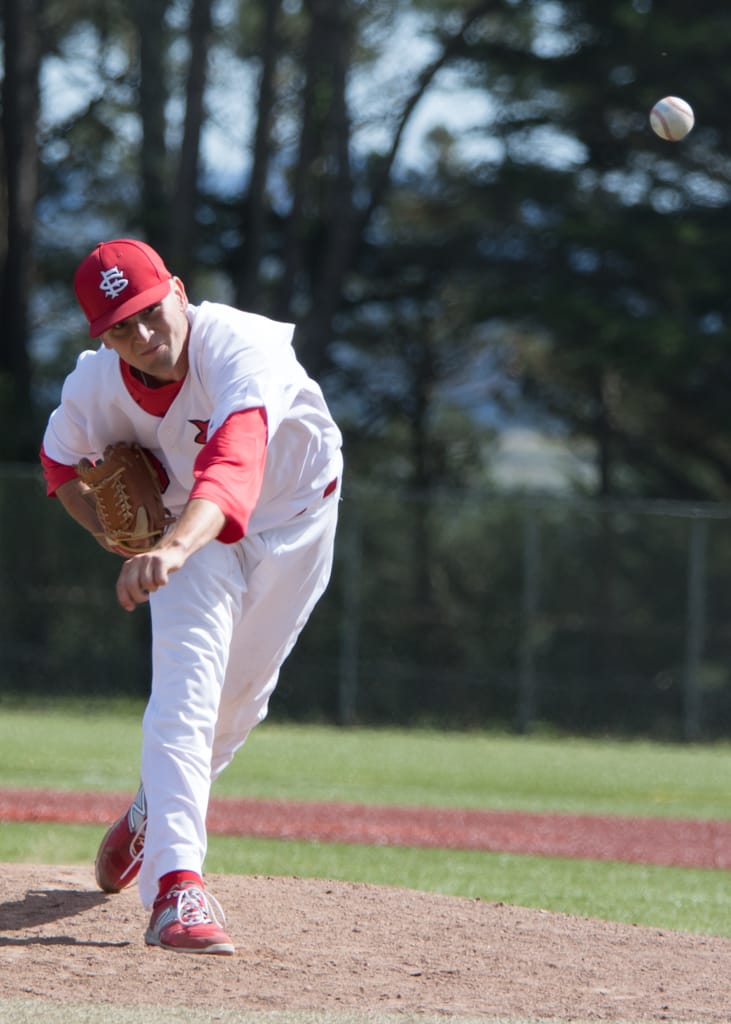freshman Pitcher, Jacob Taylor got a save in Win over Cabrillo,  Baseball_vs Cabrillo Fri., Apr. 9. Photo by Peter Wong