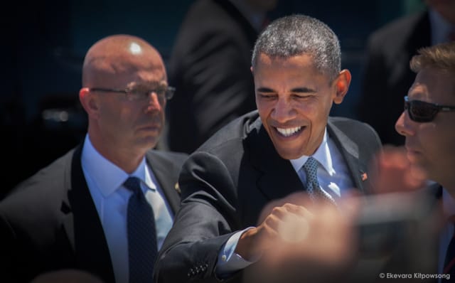 President Barack Obama greets well-wishers upon his arrival at San Francisco International Airport on Friday, June 19, 2015.