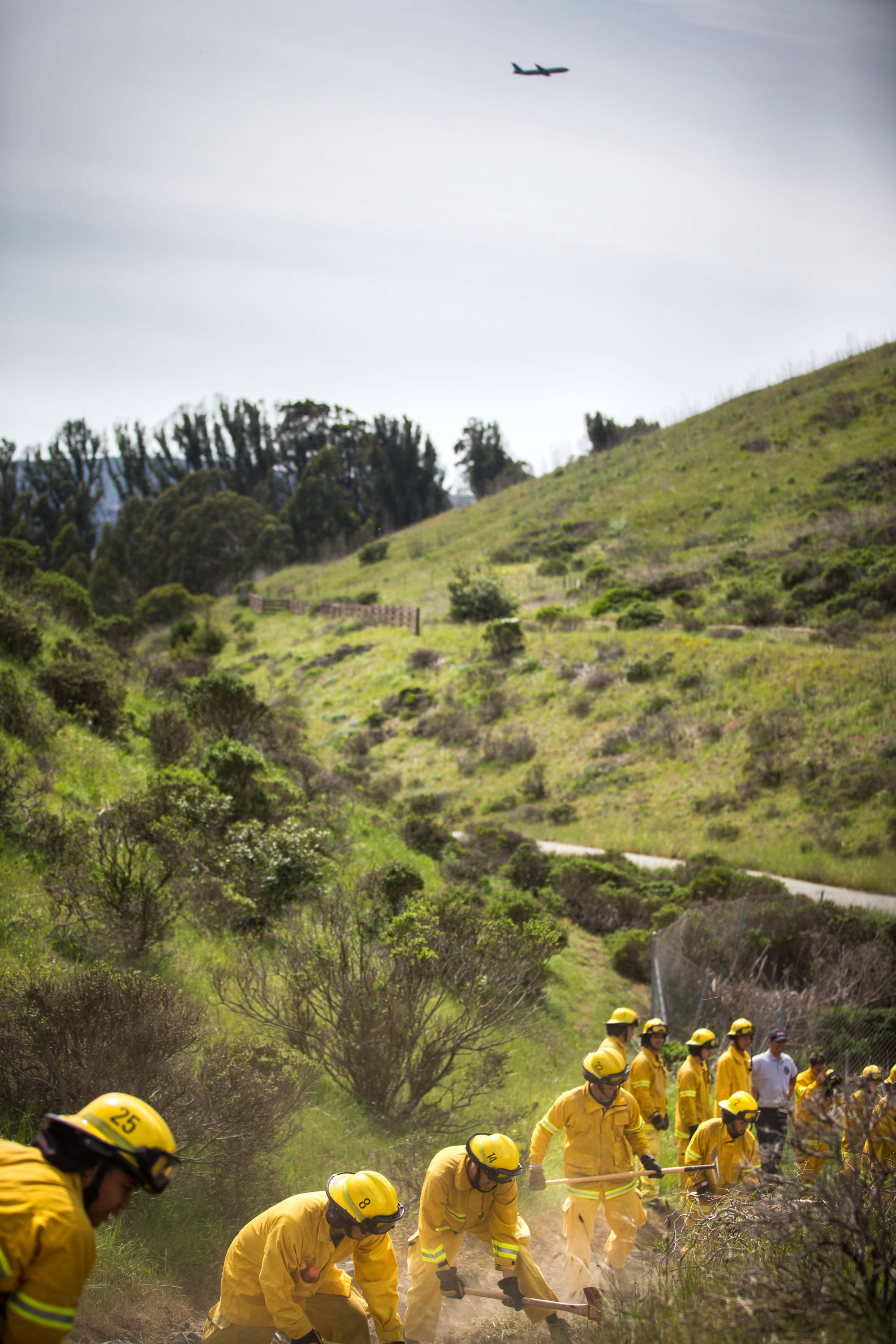 Fire cadets from City College’s Fire Fighter One Academy’s Class 15 construct fire lines using pick axes, shovels and Pulaskis at San Bruno Mountain State Park on Saturday, March 21, 2015. (Photo by Nathaniel Y. Downes/The Guardsman)