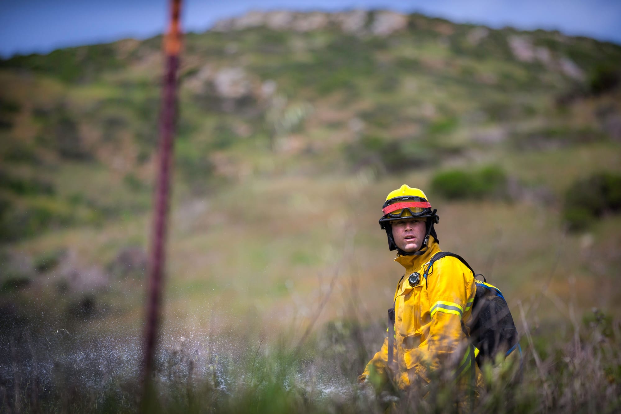 Fire cadet Scott Eisen from City College’s Fire Fighter One Academy’s Class 15 practices wildland evolution at San Bruno Mountain State Park on Saturday, March 21, 2015. (Photo by Nathaniel Y. Downes/The Guardsman)