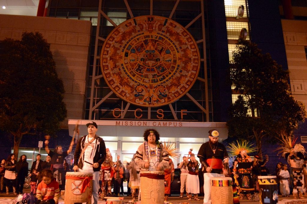 Aztec dancers dance under the full moon welcoming the New Year at City College’s Mission Campus on Mar. 11, 2017 (photo by Isela Vazquez, The Guardsman)    