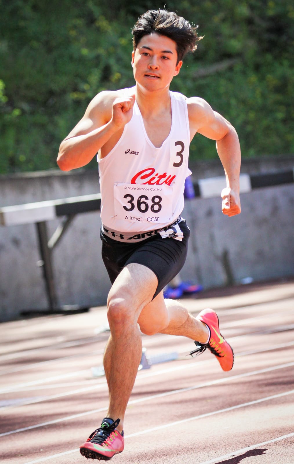 Freshman sprinter Anthony Ismail sprints to the finish line during his race at the Johnny Mathis Invitational held at San Francisco State on February 24-25. Ismail would win his heat with a time of 50.76.