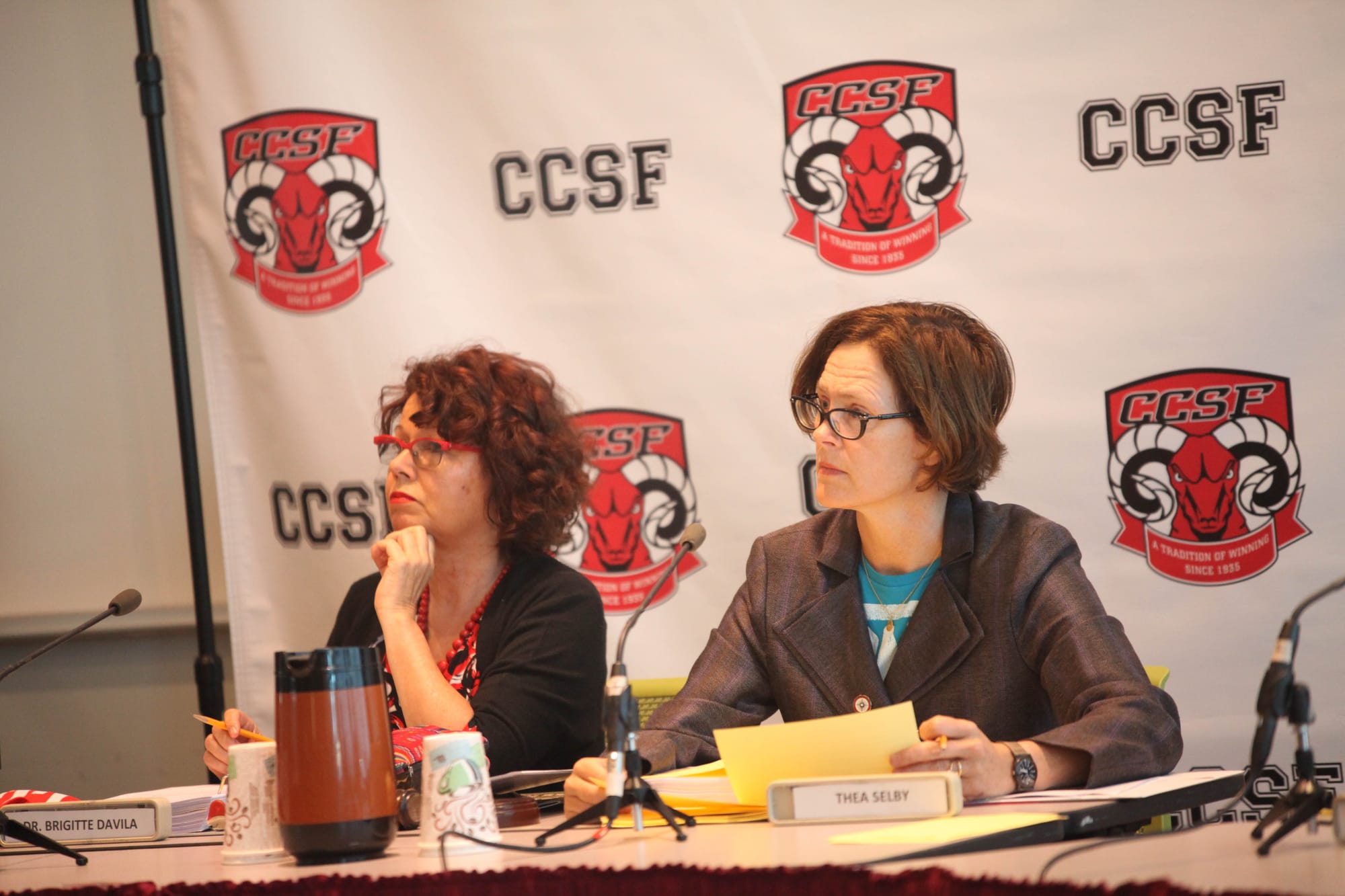 City College of San Francisco's Board of Trustees Brigitte Davila and Thea Selby keen on the concerns of faculty members during a meeting at City College's Ocean Campus on June 22, 2017. The vote a new Chancellor, Mark Rocha who is a former Chancellor of Pasenda City College, rose concerns about his background.