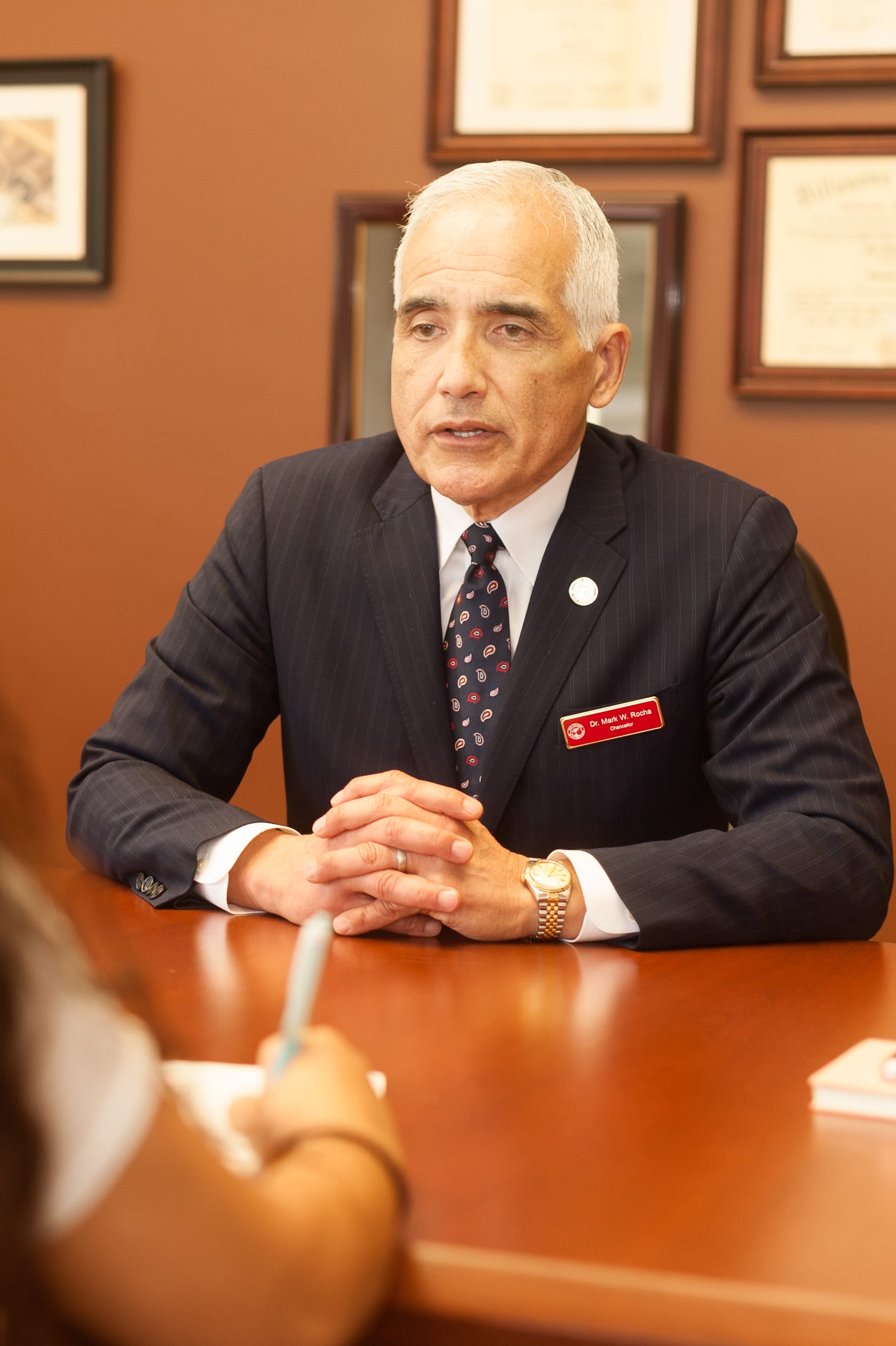 City College Chancellor Mark Rocha speaks with The Guardsman’s Cassie Ordonio on Aug. 22, 2017. Mark Rocha started his role of Chancellor for City College on July 1st, 2017. (Photo by Solomon Santos/The Guardsman) 