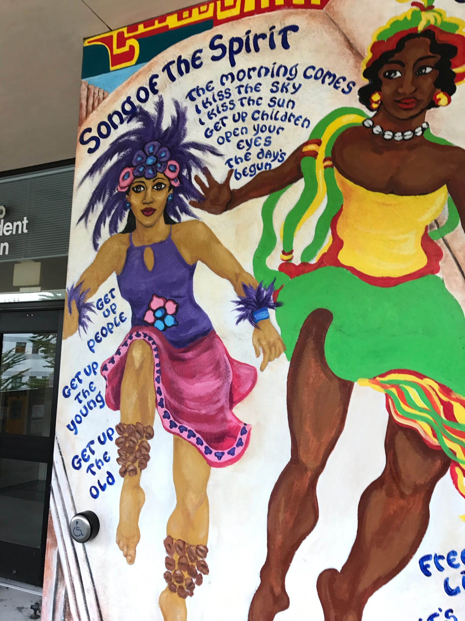 Mural done on the Student Union exterior building at City College, a cultural mural depiction of great possibilities and accomplishment for VIDA students. Bright futures, the day has begun! Thursday, September 14, 2017. San Francisco, CA. (Photo by Diane Carter.)