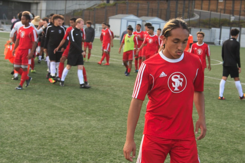 Romario Gamez (#10) exits the field In victory in a 2-1 win against Lake Tahoe City College. Thursday, September 14, 2017. San Francisco, CA. Photo by Donald Ades. 