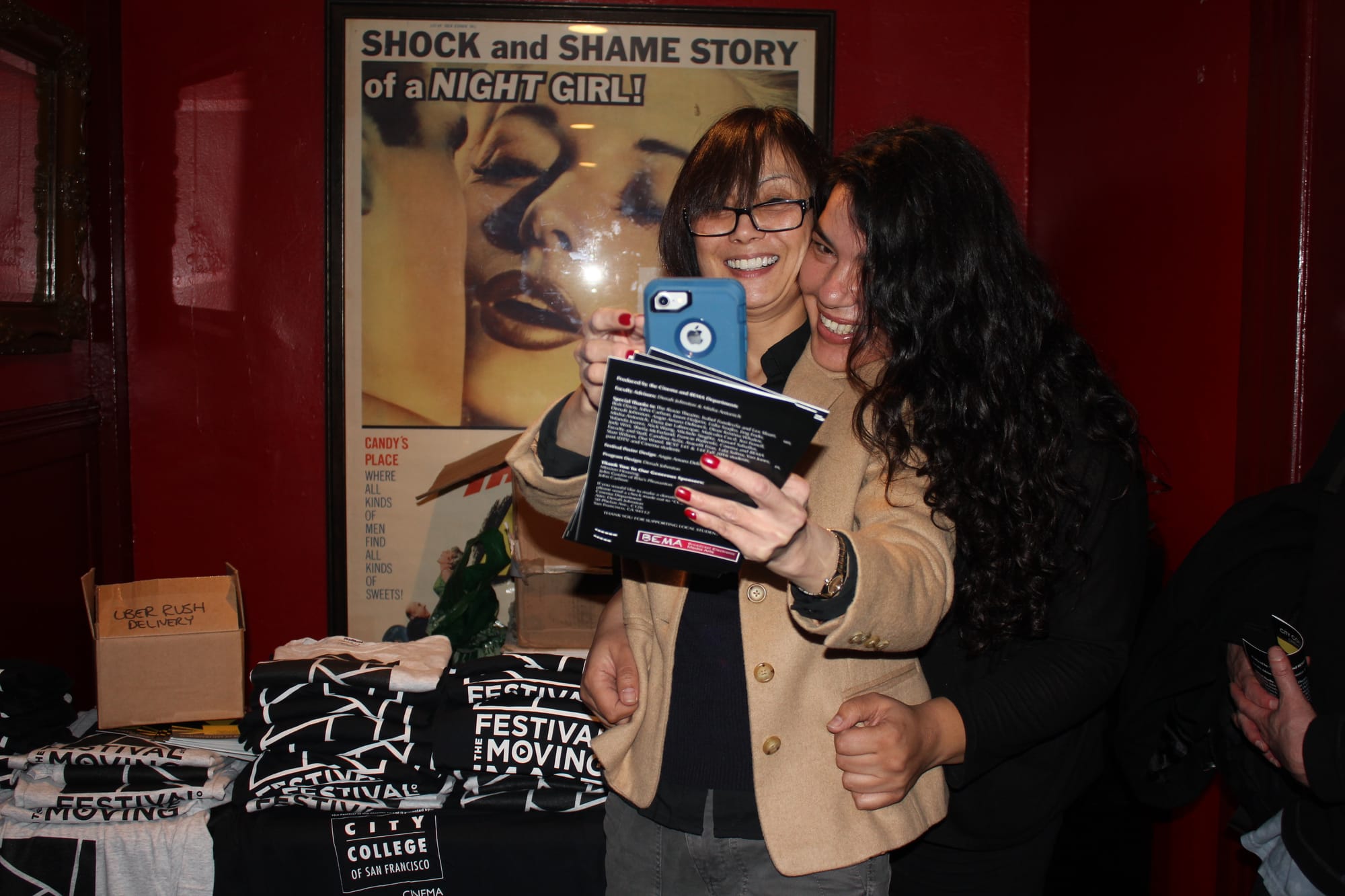 At the 2016 FMI, cinema student Lala Salma and Jing Endo, cinema assistant and technical backbone of the department at City College Ocean Campus enjoy a candid moment of selfies and laugh. Courtesy of Misha Antonich. 