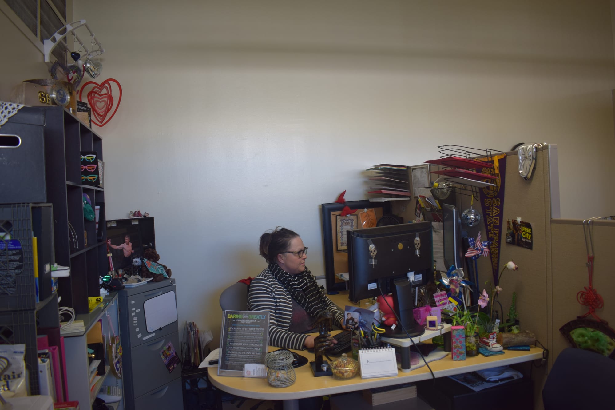 Maraea Nauta Master decorates the 19ft X 10ft HARTS office with objects brought by HARTS student or with objects she personally brings from home. According to Master, it builds a more intimate setting to provide students a climate of inclusivity within the program. Photo by Sarah Berjan.