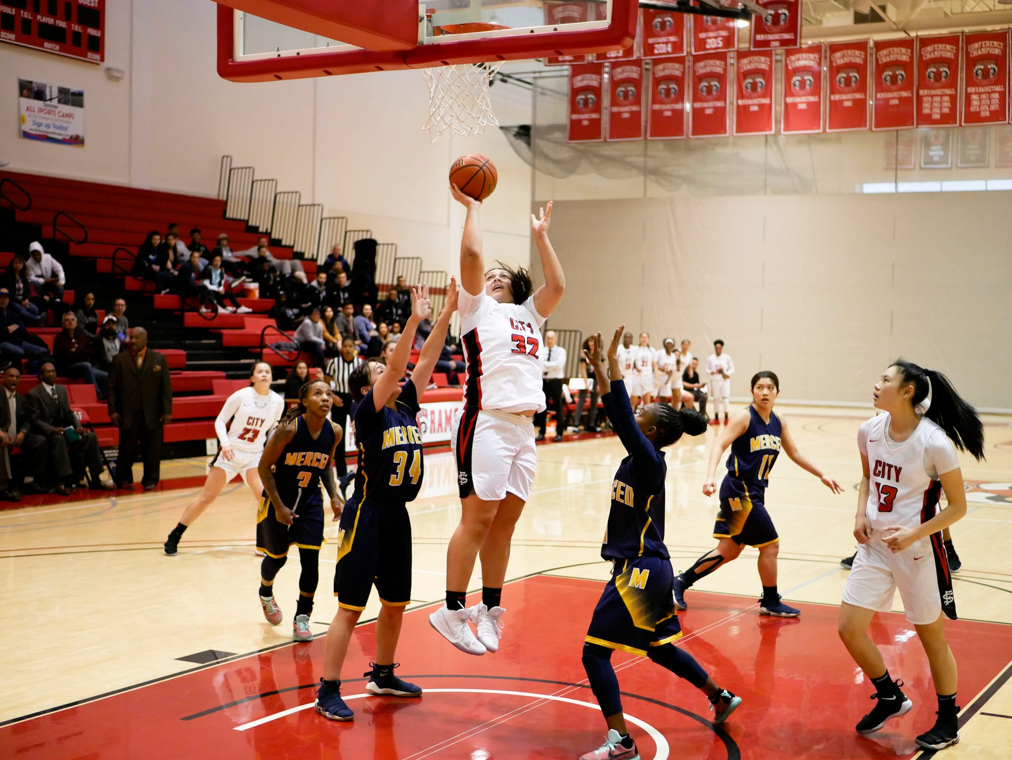 The Rams freshman Ma'ata Makoni (#32) shoots a close range jump shot in the paint on March 3, 2018 against Merced College. Photo by James Comfort/Special to The Guardsman. 