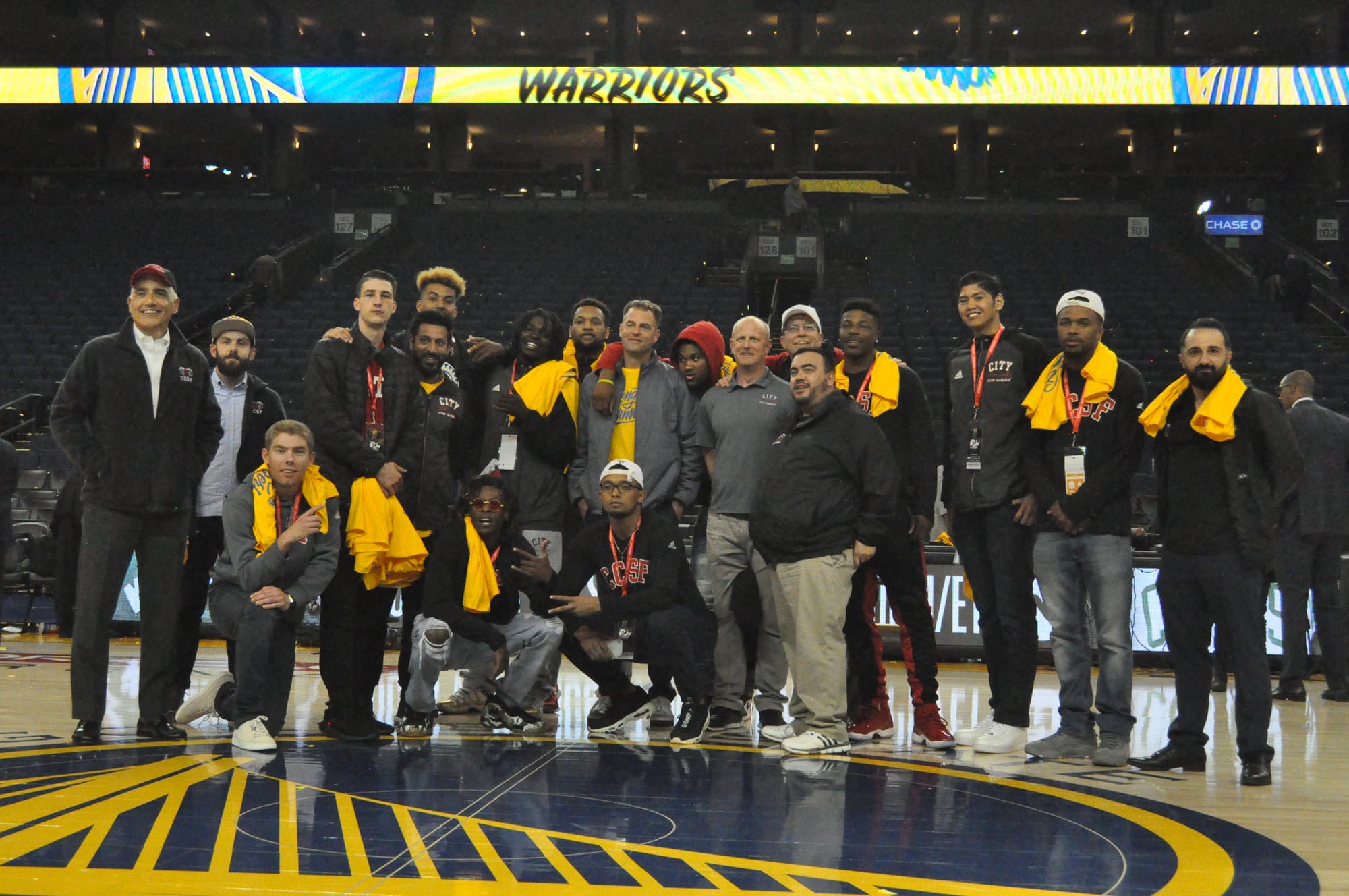 Rams basketball team along with Chancellor Rocha (far left) and Board of Trustee Tom Temprano (right of Rocha) gather one last time center court after Warriors Game 2 playoff match-up against Spurs on April 16, 2018.  Photo by Peter J. Suter/The Guardsman.