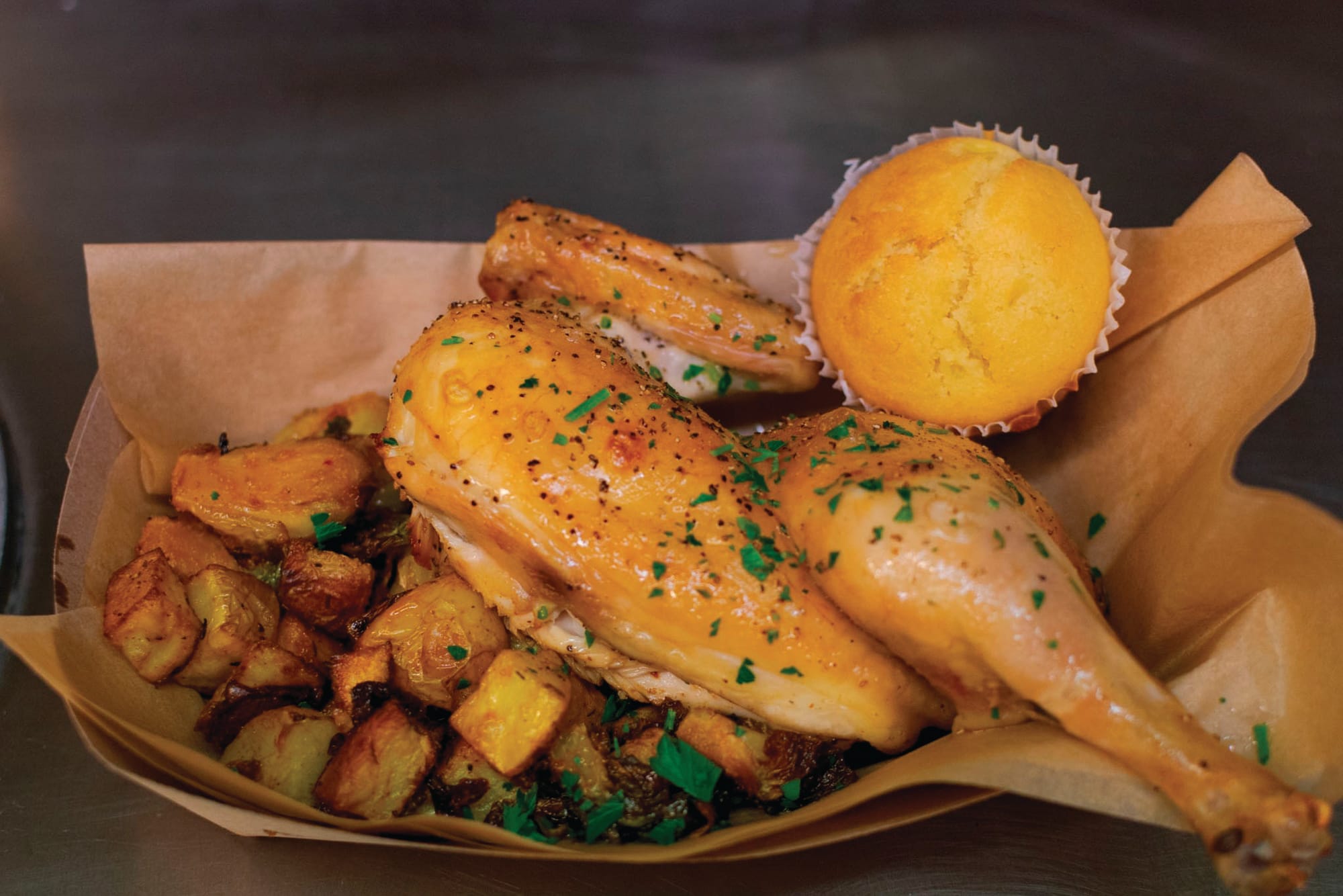 One of the many dishes served at the Culinary Arts and Hospitality program's new restaurant is a 3-piece roast chicken dish served with seasoned potatoes and corn bread. September 6, 2018 Photos by Cliff Fernandes/The Guardsman 