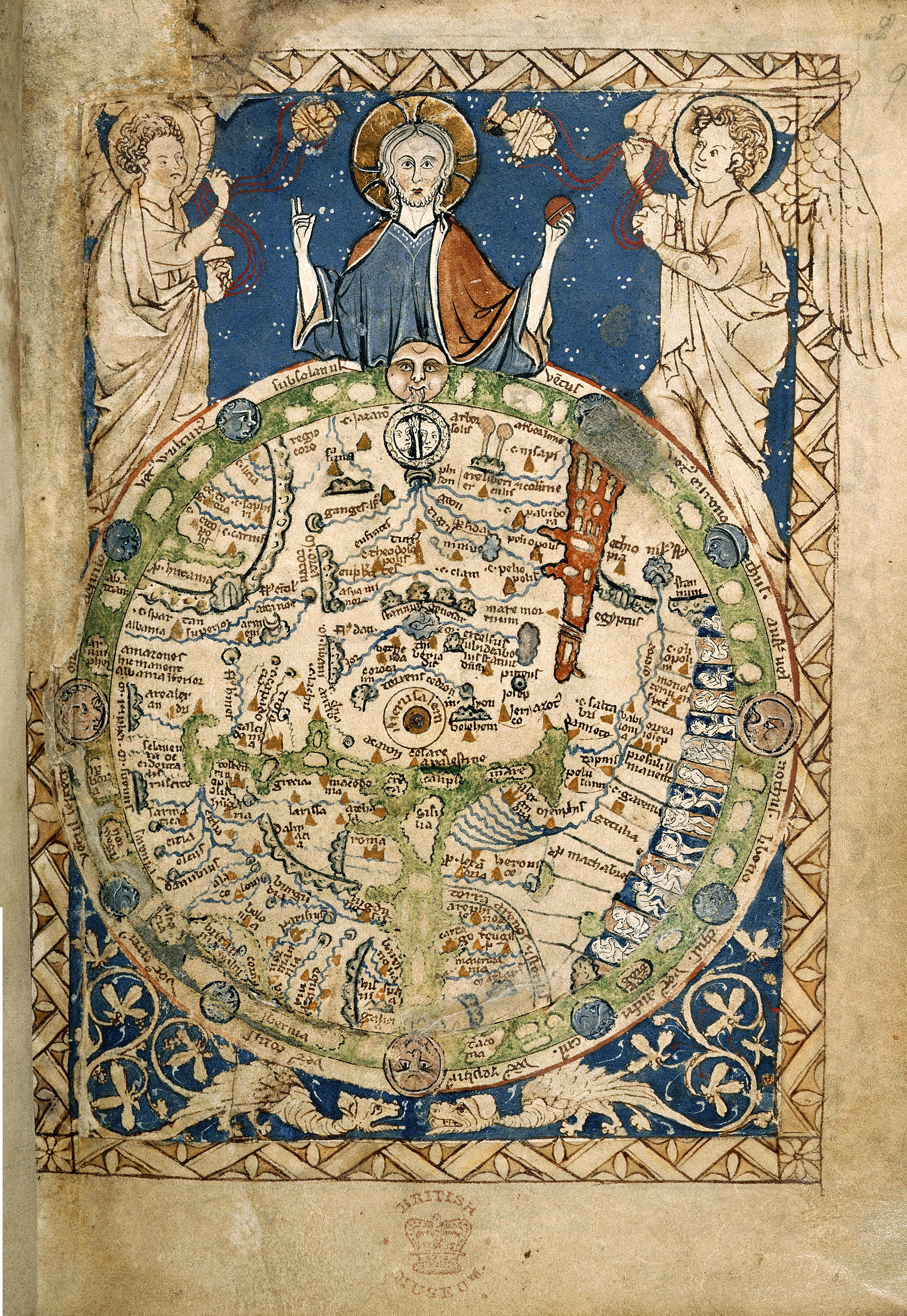 Unknown Illuminator, "Psalter World Map," (Jerusalem is in the center) England, c. 1265 CE, Add MS 28681, f. 9r, now at the British Library, London, UK (Wikimedia).