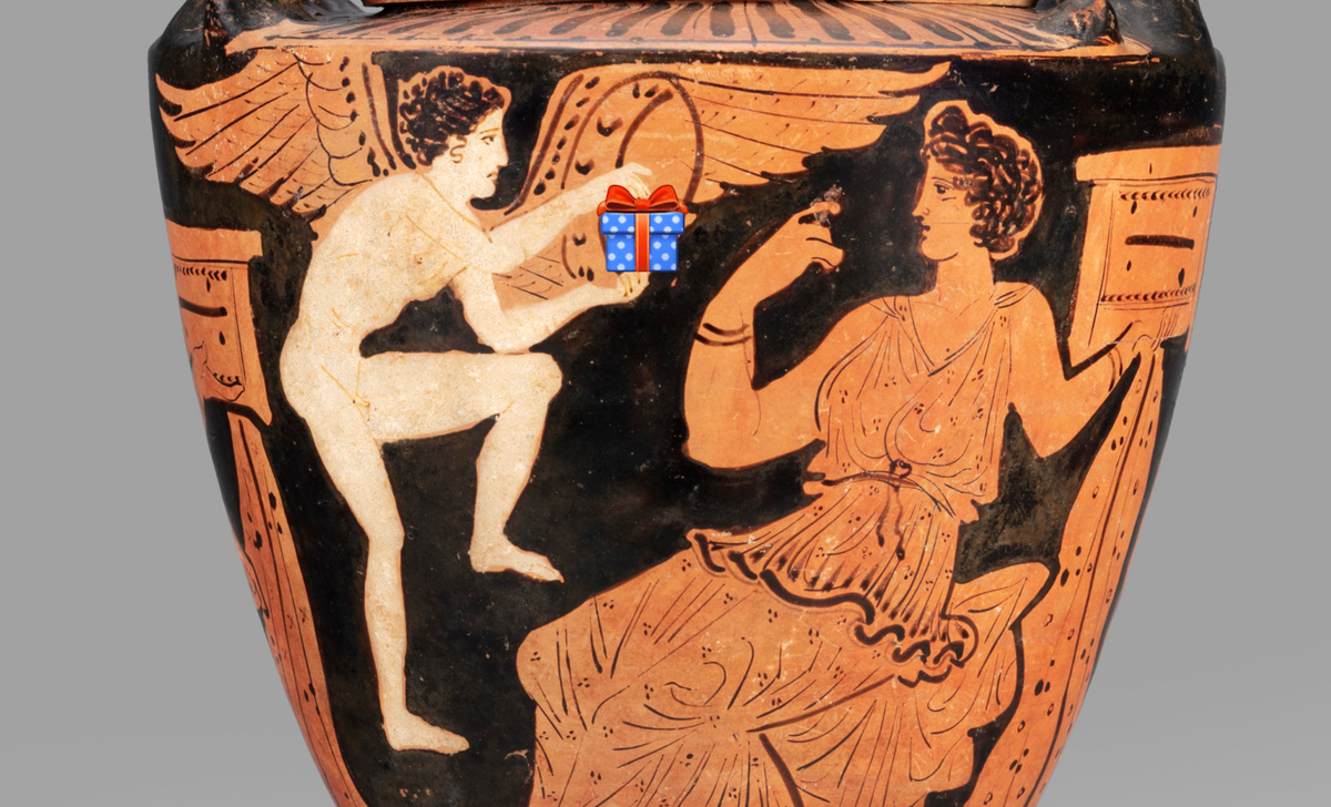 Unknown Ceramicist and Painter, Lebes gamikos (marriage vase) with a woman with a box and Eros with a mirror, clay, red figure, ca. 335 BCE from Attica, Greece