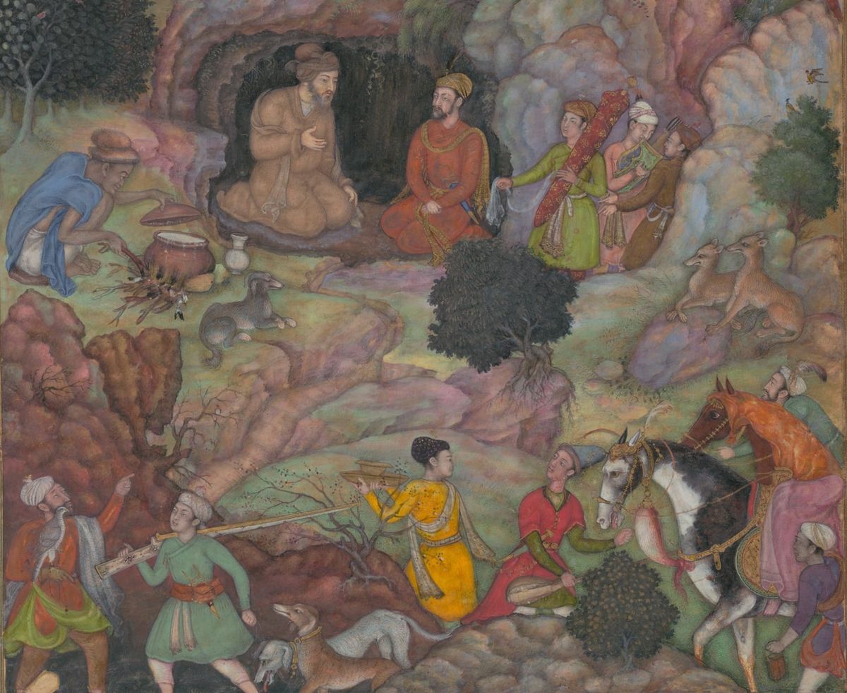 Painting attributed to Basawan, "Alexander Visits the Sage Plato in his Mountain Cave," Folio from a Khamsa (Quintet) of Amir Khusrau Dihlavi (1253–1325 Delhi), 1597–1598 