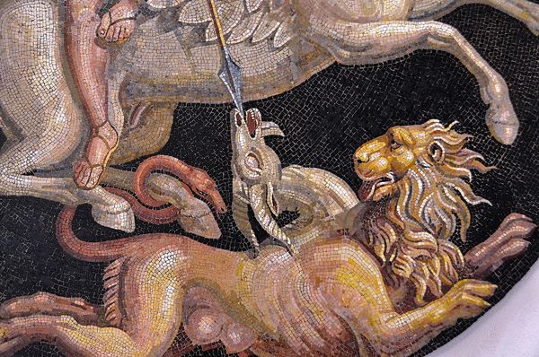 Unknown Mosaicist, "Bellerophon riding Pegasus and slaying the Chimera," 100-299 CE, now in the Musée Rolin, Autun, France. Note that the mosaic has been heavily restored (Wikimedia). 