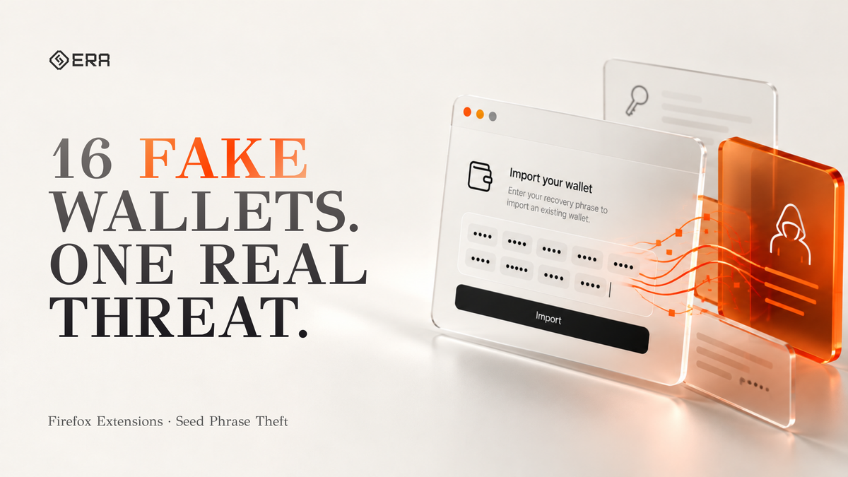 Illustration of a fake wallet import screen transmitting a recovery phrase to a malicious browser extension.