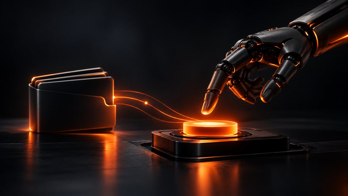 A robotic hand approaching an orange transaction confirmation button beside a digital wallet.
