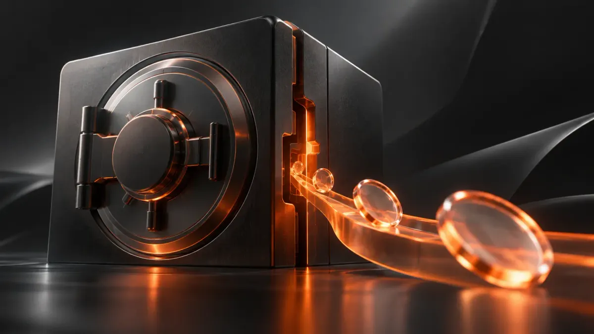A dark metallic vault with glowing orange edges and digital assets flowing out, symbolizing a cryptocurrency exchange security breach.