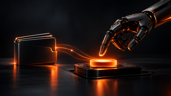 A robotic hand approaching an orange transaction confirmation button beside a digital wallet.