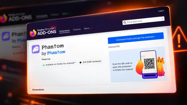Fake Phantom extension listing on Firefox Add-ons, showing a 3.9-star rating and 546 reviews.