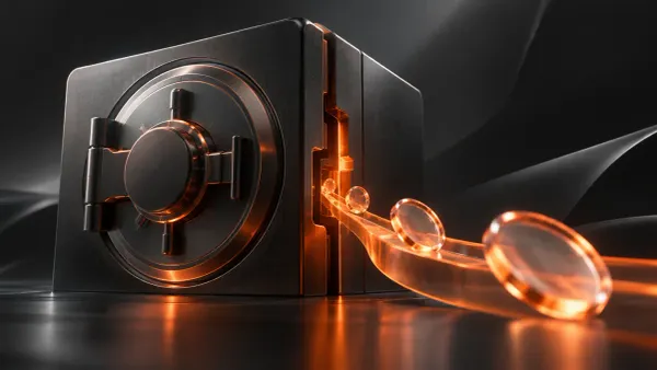 A dark metallic vault with glowing orange edges and digital assets flowing out, symbolizing a cryptocurrency exchange security breach.