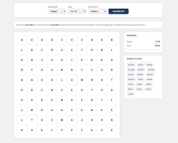 Interactive Word Search ("Mots mêlés")