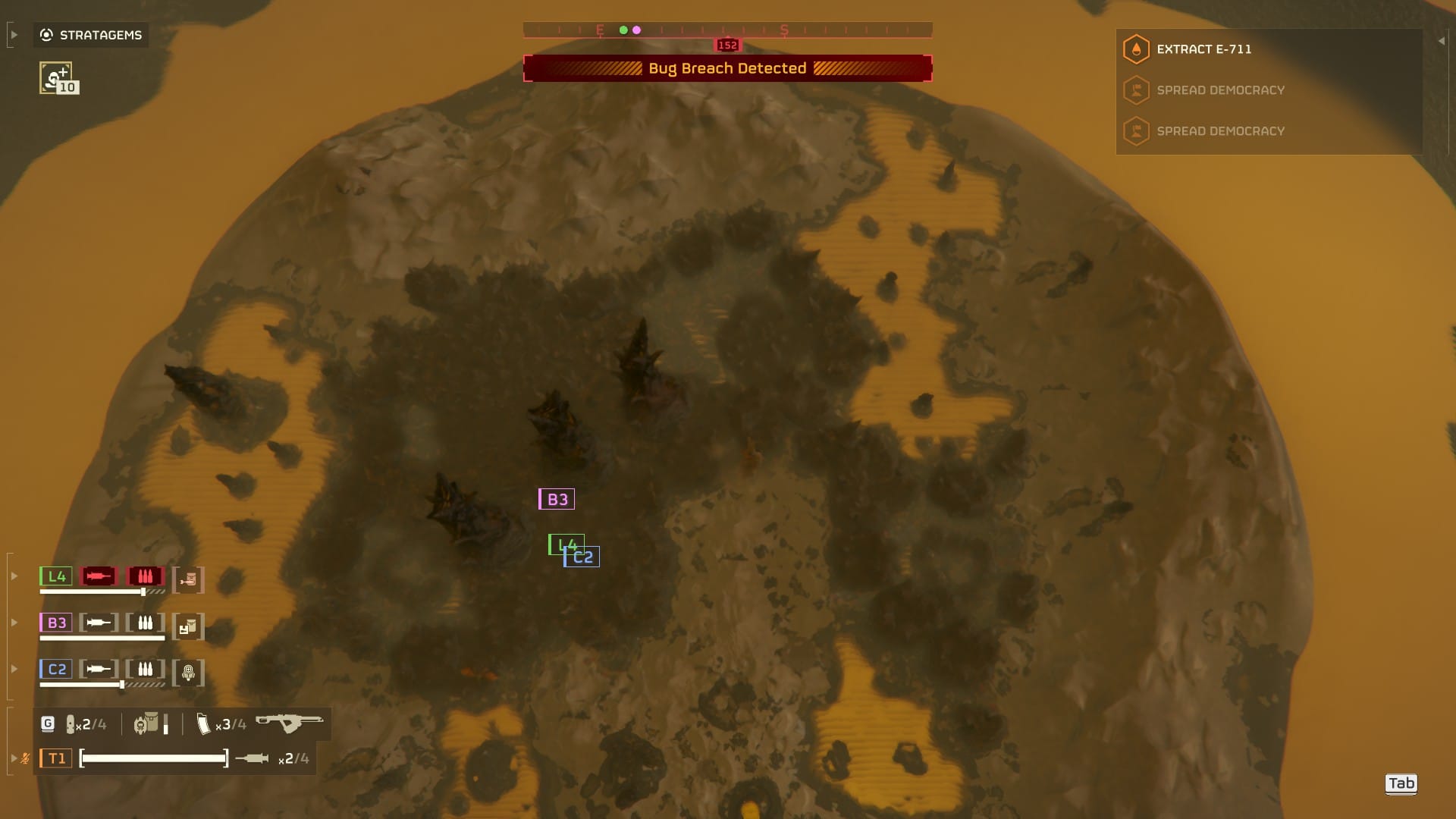 The Hive World of Oshaune in Helldivers 2, seen from a bugged perspective after a player was launched into the air and stuck due to technical issues.