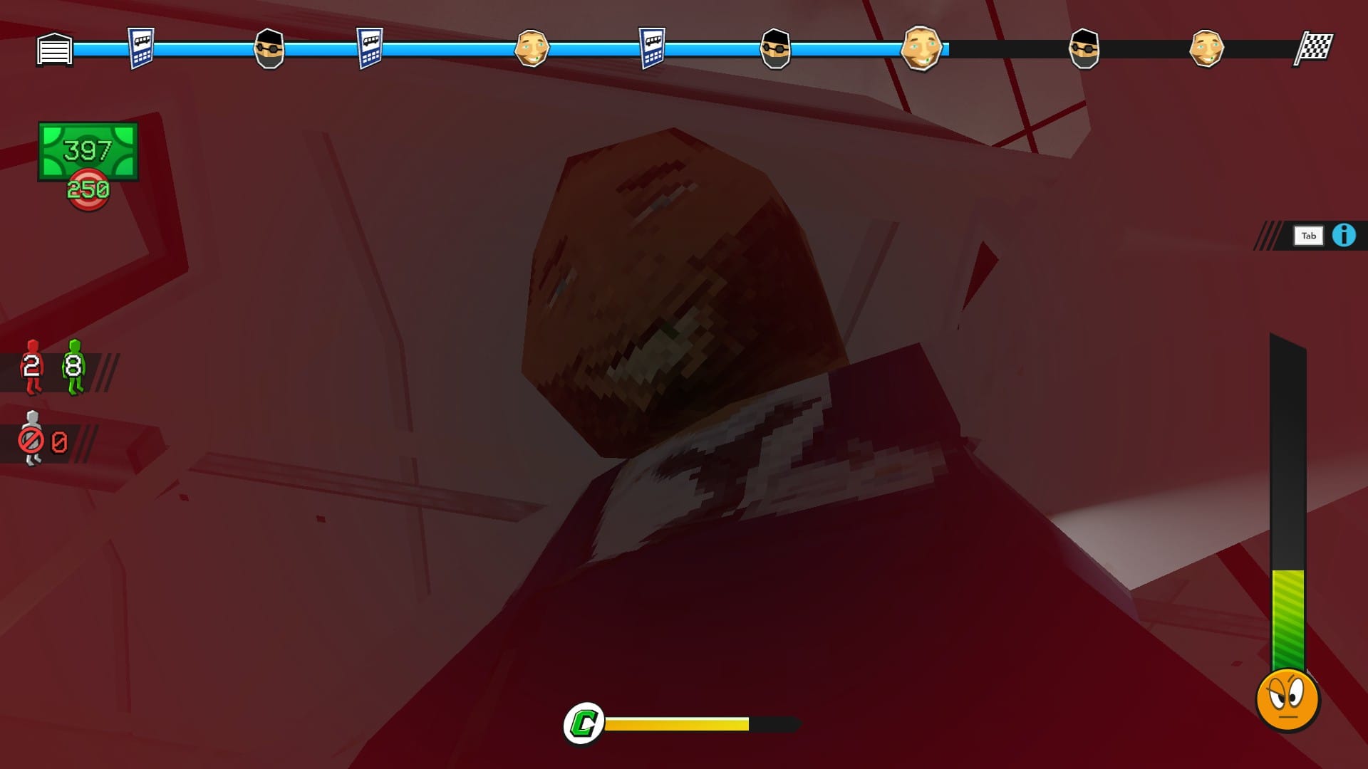 The ticket inspector in Troleu has me by the collar while the screen is tinted red in a terrifying, low-rez scene.