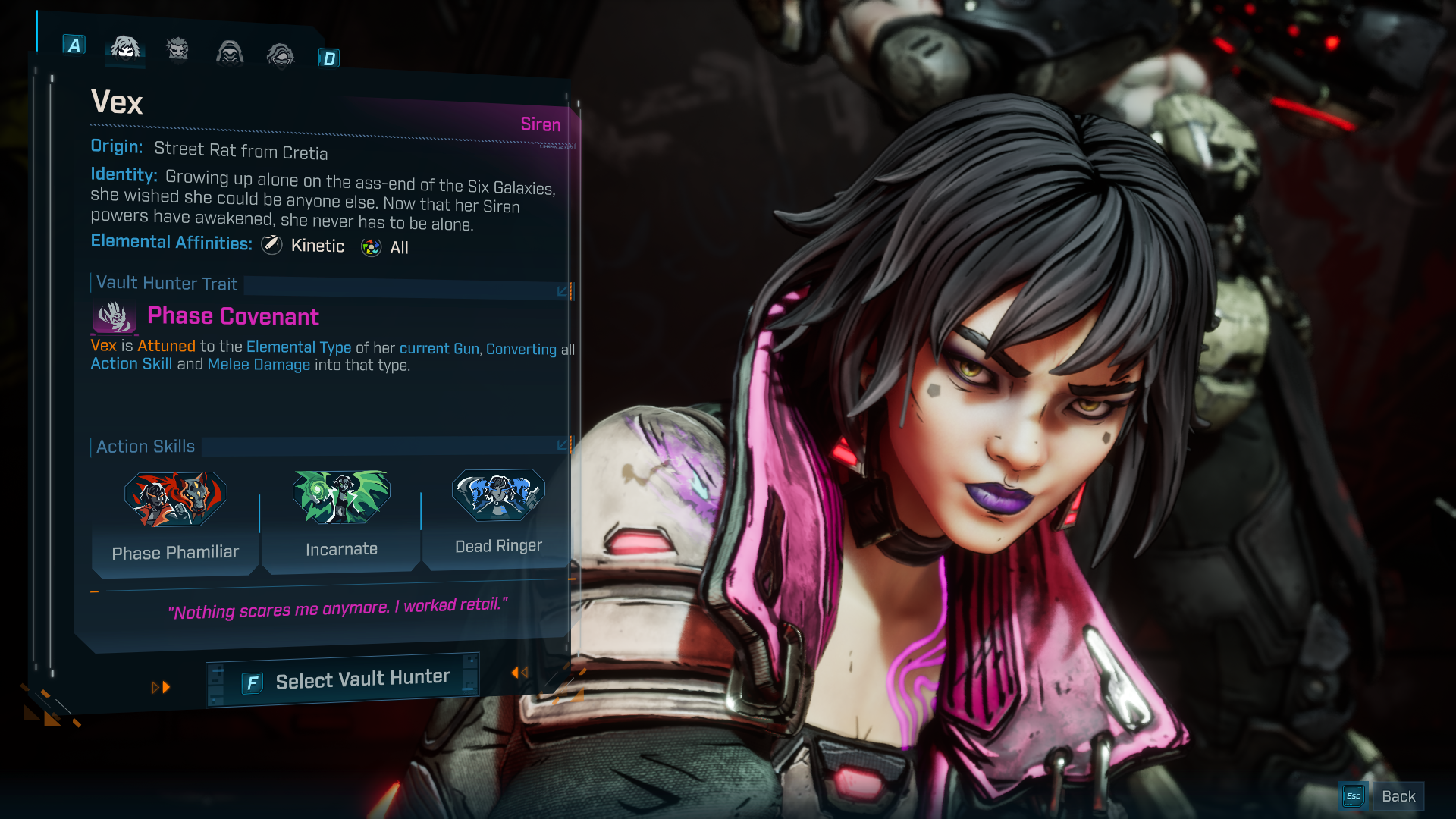Vex sits on a box on the character select screen in Borderlands 4