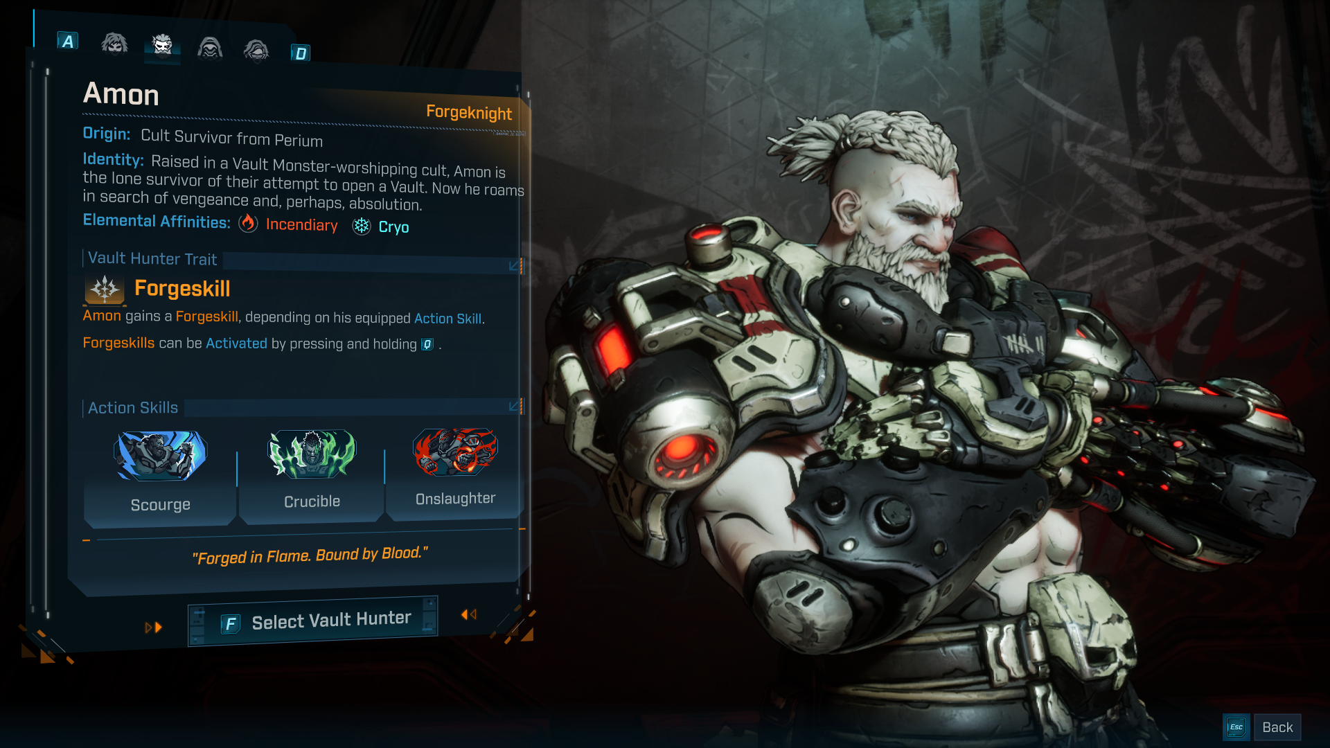 Amon stands in the background of the character select screen in Borderlands 4