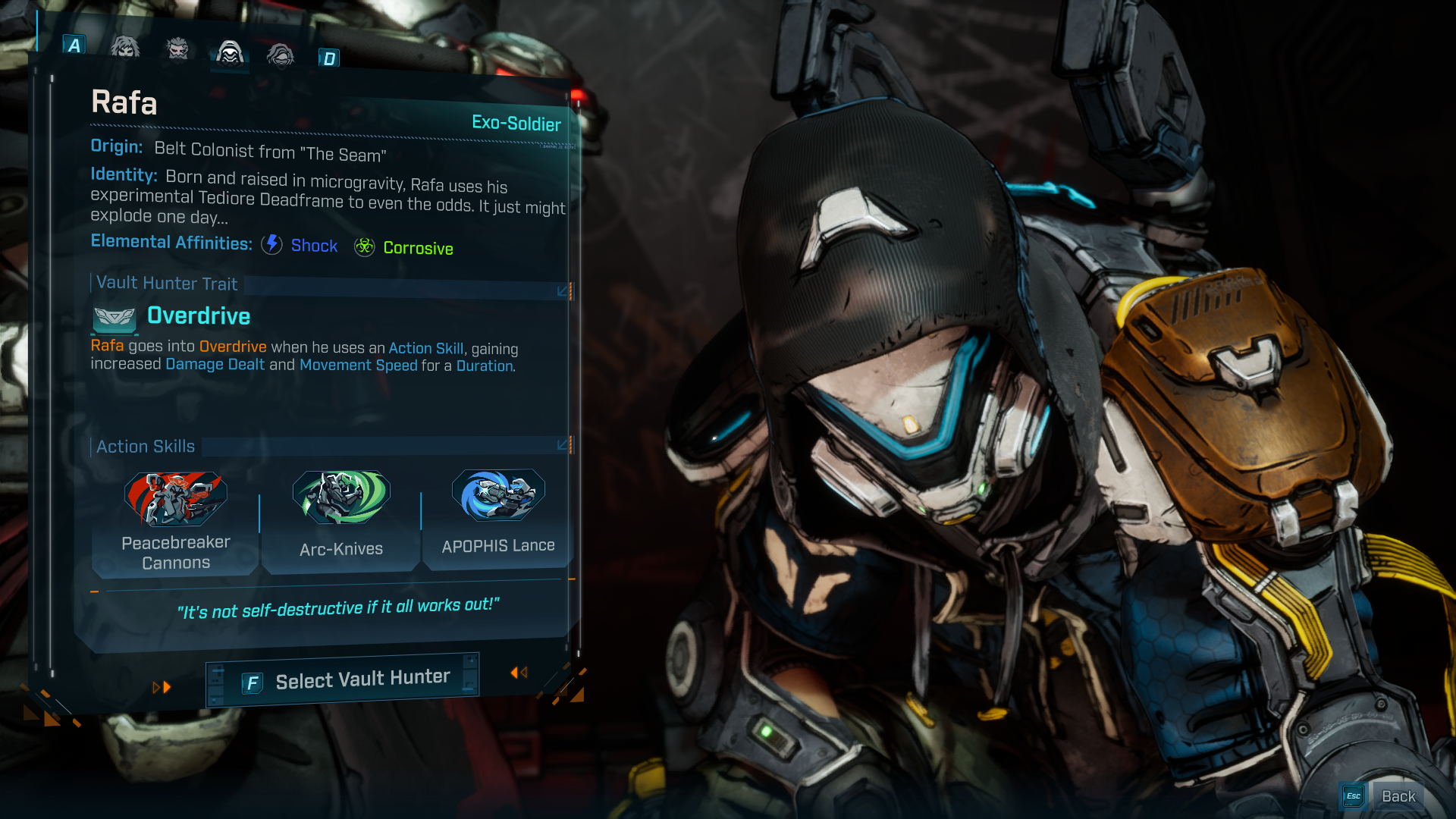 Rafa perches on a box on the character select screen in Borderlands 4